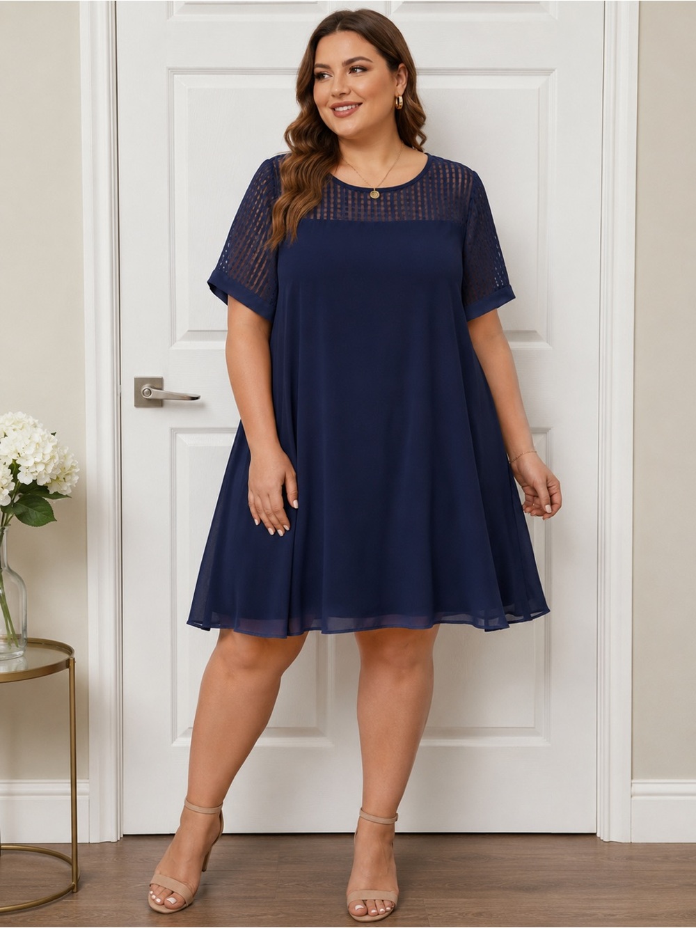 Lovedrobe Navy Blue Sheer Check Yoke Dress